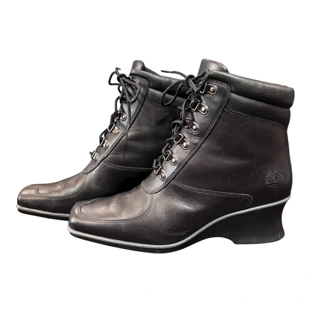 Timberland Hill Black Leather Wedge square Toe Bootie Size 7.5 US Womens
